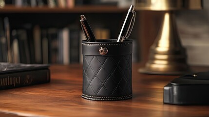 Black Leather Pen Holder with Two Silver Pens