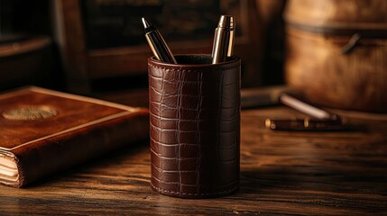 Leather Pen Holder with Gold Pens on a Wooden Table