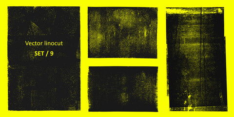 Linocut, relief printing, letterpress rectangle shapes rough textures set, collection. Black linocutting textured backgrounds, text frames. Paint roller geometric stains, lino ink grungy remains