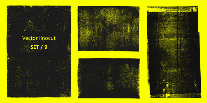 Linocut, relief printing, letterpress rectangle shapes rough textures set, collection. Black linocutting textured backgrounds, text frames. Paint roller geometric stains, lino ink grungy remains