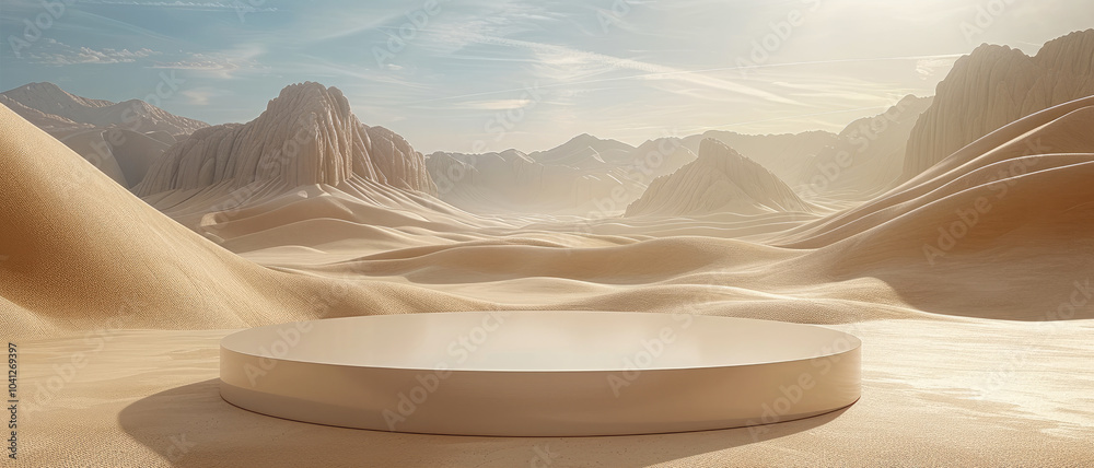 Aufkleber 3D render of simple abstract shapes in a beige color, on the background of a desert with mountains. There is an empty podium for product presentation.