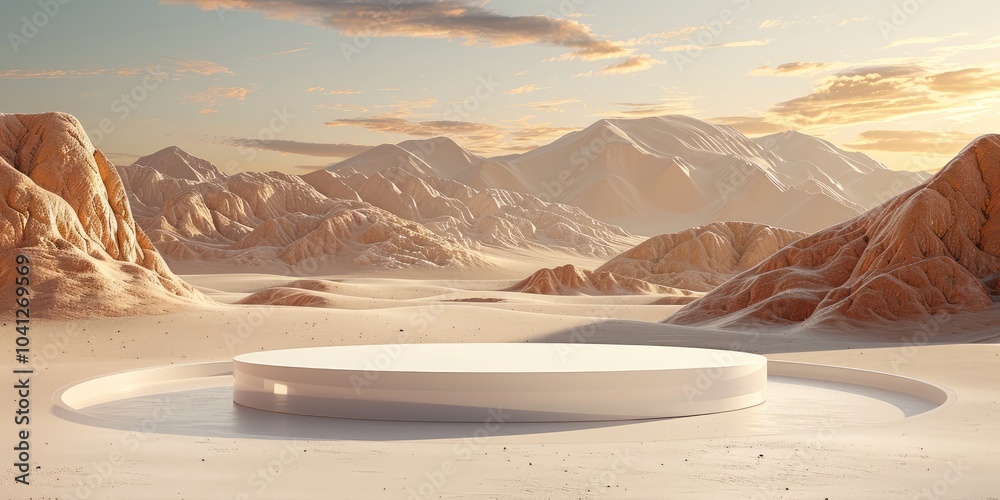 Aufkleber 3D render of simple abstract shapes in a beige color, on the background of a desert with mountains. There is an empty podium for product presentation.