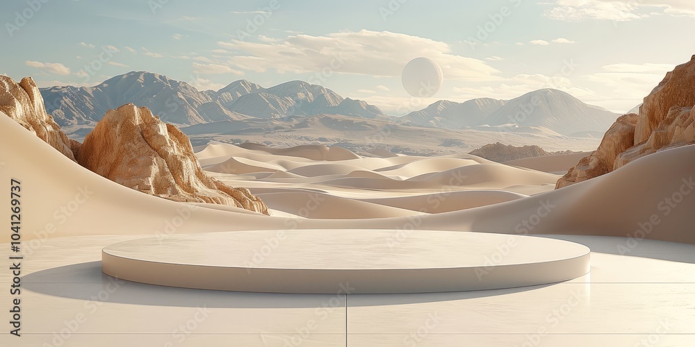 Poster 3D render of simple abstract shapes in a beige color, on the background of a desert with mountains. There is an empty podium for product presentation.
