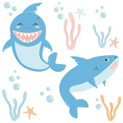 Cute sharks vector set