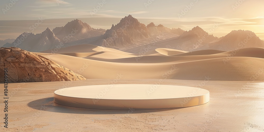Aufkleber 3D render of simple abstract shapes in a beige color, on the background of a desert with mountains. There is an empty podium for product presentation.