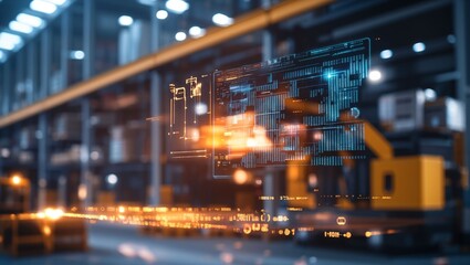 Fototapeta premium Discovering the Future: A Glimpse into a High-Tech Warehouse Featuring Advanced Digital Interfaces Illuminating the Path for Automation and Efficiency in Logistics