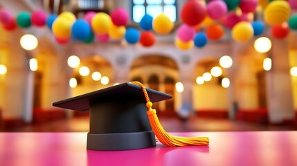 A photograph of a graduation cap or mortarboard sitting on a desk with a blurred university hall or campus building visible in the background