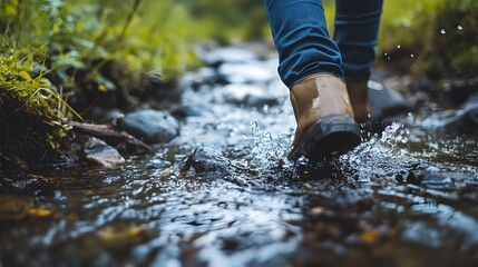 Hiking Boots Splashing in a Stream  Close up