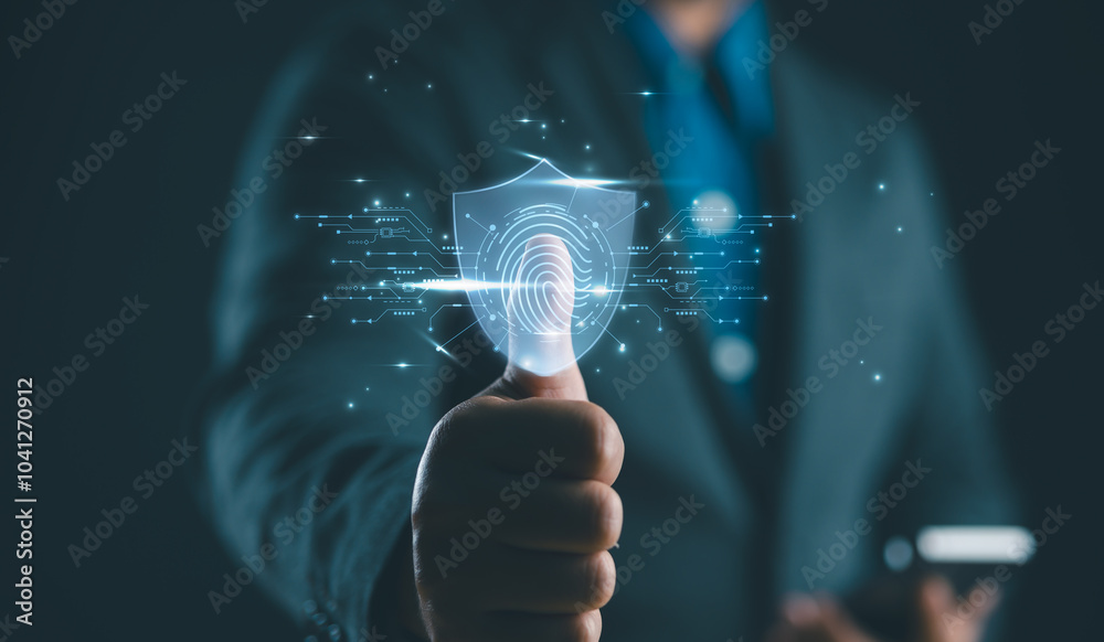 Poster futuristic digital processing of biometric identification fingerprint scanner. concept of surveillance and security scanning of digital programs cyber futuristic applications