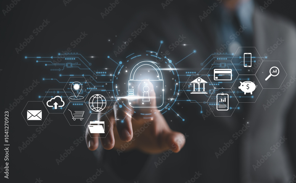 Aufkleber Cybersecurity and privacy concepts to protect data. Lock icon and internet network security technology. Businessman protecting personal data on smart phone with virtual screen interfaces.