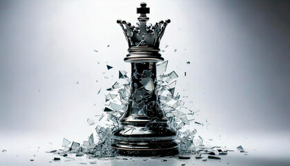 Obraz premium A striking image of a regal chess king bearing a silver crown amidst a dynamic eruption of shattering glass, symbolizing power, strategy, and fragility.