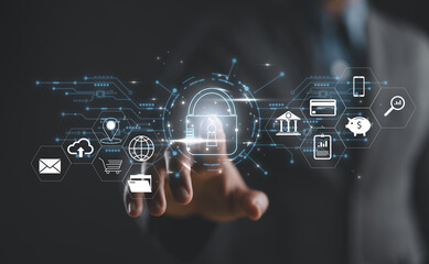 Cybersecurity and privacy concepts to protect data. Lock icon and internet network security technology. Businessman protecting personal data on smart phone with virtual screen interfaces.