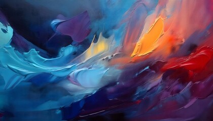 a painting of a colorful abstract painting with the colors of blue  orange  and yellow.