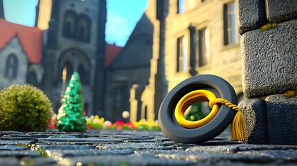 Graduation cap lying flat on a stone pavement symbolizing academic achievement success and the start of a new chapter in life  The simple elegant image represents the formal