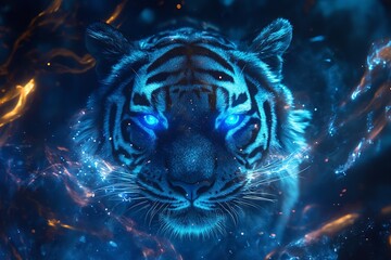 Cosmic tiger with glowing blue eyes and celestial backdrop