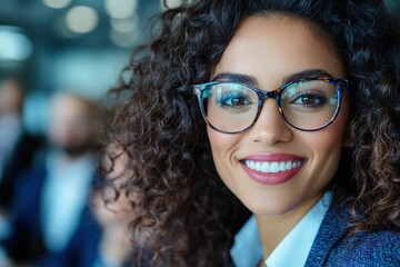 Obraz premium A professional woman with curly hair and glasses smiles warmly in an office setting, embodying confidence and approachability in a corporate atmosphere.