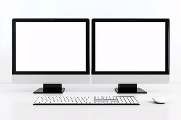 Fototapeta premium Minimalist Dual Monitor Computer Setup on White Desk
