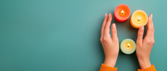 Hands gently hold three colorful candles on a teal background, showcasing a cozy and serene atmosphere perfect for relaxation.