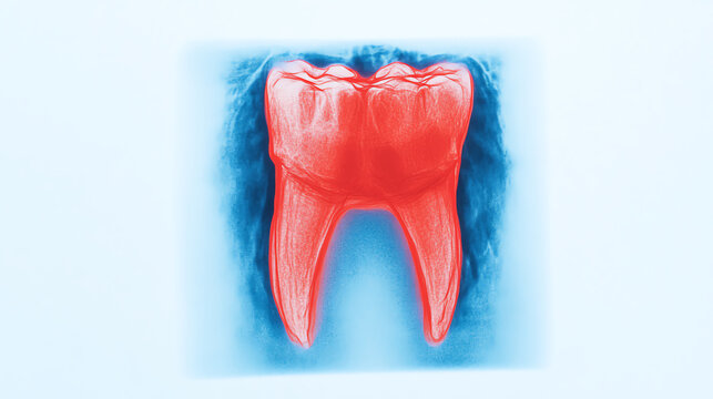 Detailed illustration of a human tooth with vibrant colors, showcasing its structure and anatomy on a bright background.