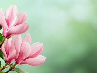 Fototapeta premium Delicate pink magnolia flowers set against a soft blurred green background.
