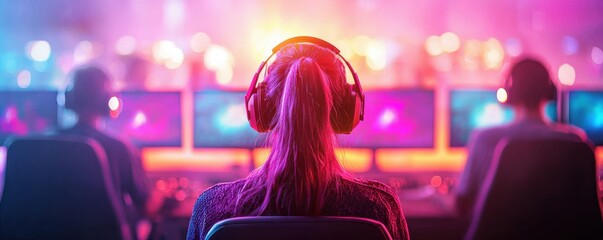 Obraz premium Gamer with headphones immersed in vibrant gaming environment at esports event, colorful lights and screens.