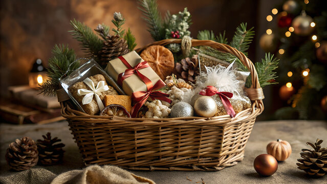 Christmas gift basket with festive decorations and cozy atmosphere
