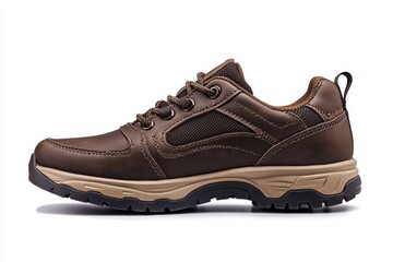 Dark brown leather lace-up running shoes with low tops, thick soles. The laces and black rubber outsole. Sporty look. Men to wear during outdoor activities, hiking. Brown shoes. Trendy Male Boots Pair