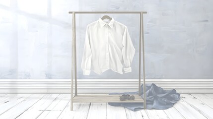 Photograph of a plain white shirt displayed on a minimalist clothing rack for fashion product photography  The image showcases a simple clean