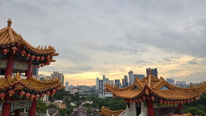 chinese temple architecture in sunset