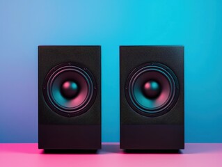 Stylish black speakers on a vibrant gradient background for modern audio aesthetics.