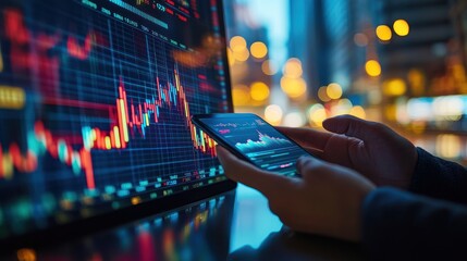 Financial trends monitored on smartphone near stock data