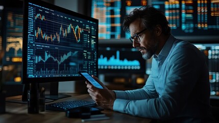 Fototapeta premium Man working with stock charts on a large monitor
