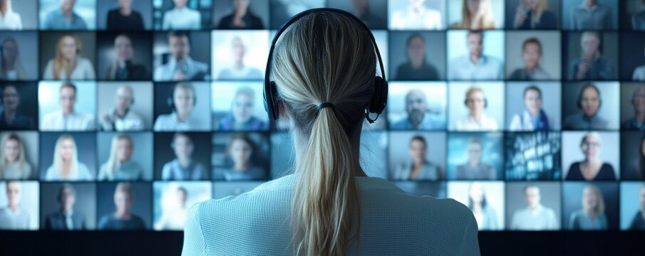 Woman in headphones engaged in a virtual meeting with multiple participants on screen.