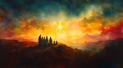 Obraz premium A luminous watercolor portrayal of the Nativity, focusing on the radiant light from the Star of Bethlehem, with the Holy Family and visitors softly outlined in warm, translucent colors