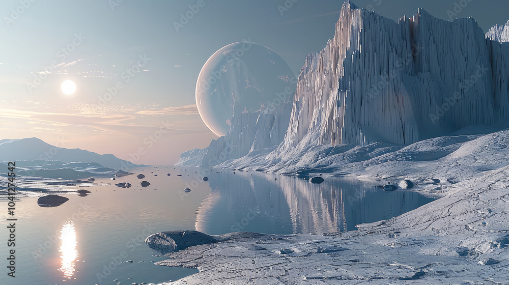 Poster a serene, ice-covered planet reflecting light from a distant sun, with towering ice formations casti