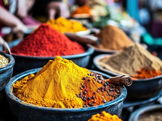 Piles of colorful spices are artfully displayed in a bustling market, showcasing a variety of vibrant reds, yellows, and browns, inviting senses with aroma and color.