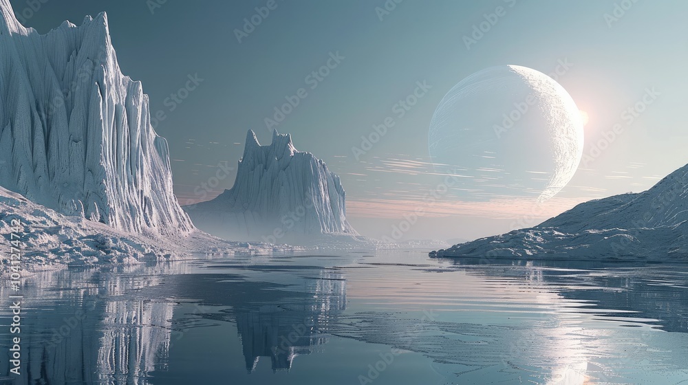 Aufkleber a serene, ice-covered planet reflecting light from a distant sun, with towering ice formations casti