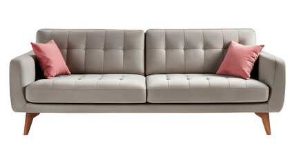 Fototapeta premium Modern beige couch with pink cushions on a white background. transparent