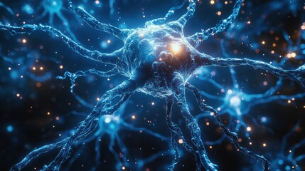 Shimmering blue neuron with branching out extensions