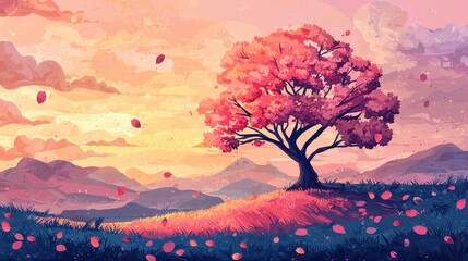 Artistic Cherry Tree Landscape at Sunset