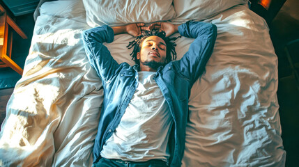 Obraz premium Young man lying in bed feeling sick, capturing a moment of discomfort in a rustic room with warm light illuminating his tired expression