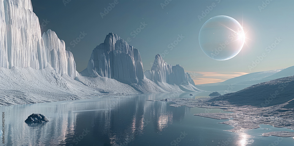 Poster a serene, ice-covered planet reflecting light from a distant sun, with towering ice formations casti