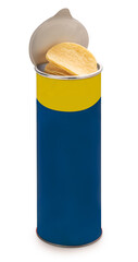 Mockup Potato chips cans on white background, Potato chips snack in blue bottle packaging isolate...