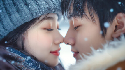 Obraz premium Tender moment between a young Asian couple kissing in a winter park, surrounded by soft snowflakes and warm emotions