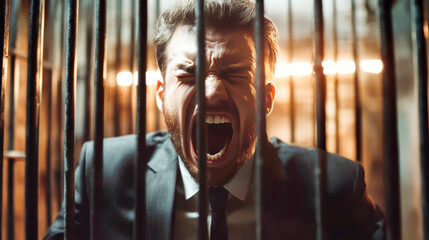 Obraz premium Frustrated young businessman behind prison bars, screaming in anger with a blurred background and mockup banner space, showcasing a powerful emotional scene