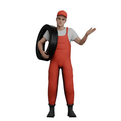 Professional Mechanic 3D Art. A male mechanic stands while carrying a tire on his left shoulder. Male Exhaust System Specialist