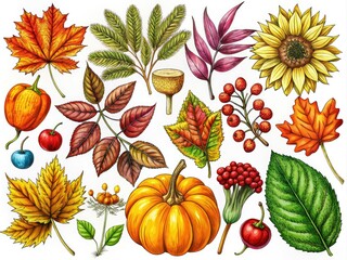 Obraz premium Explore a charming collection of hand-drawn autumn plant sketches, featuring harvest leaves and seasonal flowers that embody the warmth and beauty of the fall season.