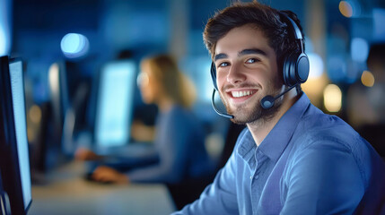 Happy customer service agent with headset working in a call center office at night, engaging with customers and ensuring satisfaction