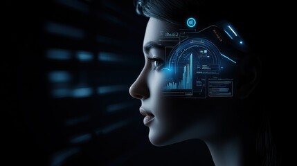 Side view of woman merged with digital graphs and tech