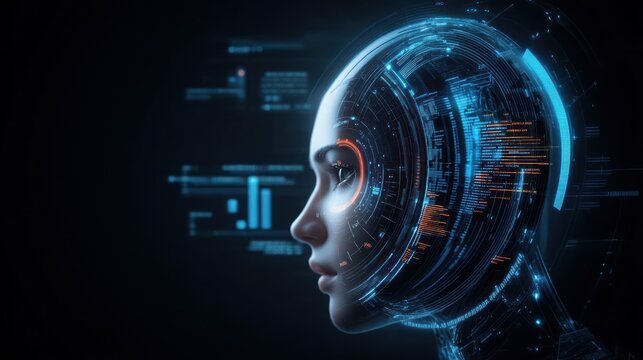 Digital AI portrait with circuit elements and neural overlays